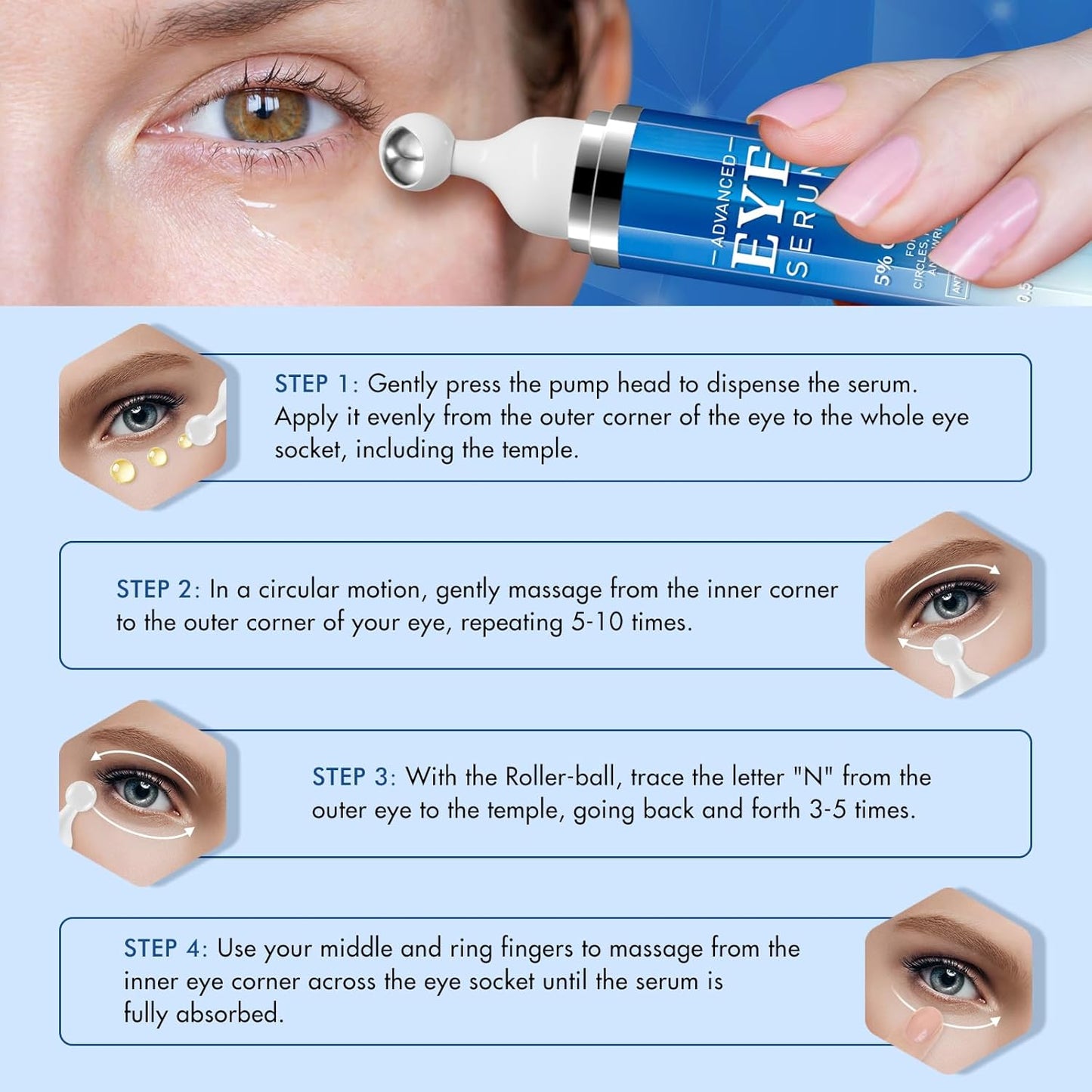 5% Caffeine Eye Serum anti Aging,Under Eye Roller Serum Reduce Dark Circles, Puffiness, Fine Lines, Wrinkles 360° Massage Ball Eye Treatment Serum Eye Balm for Late Nights, Overtime