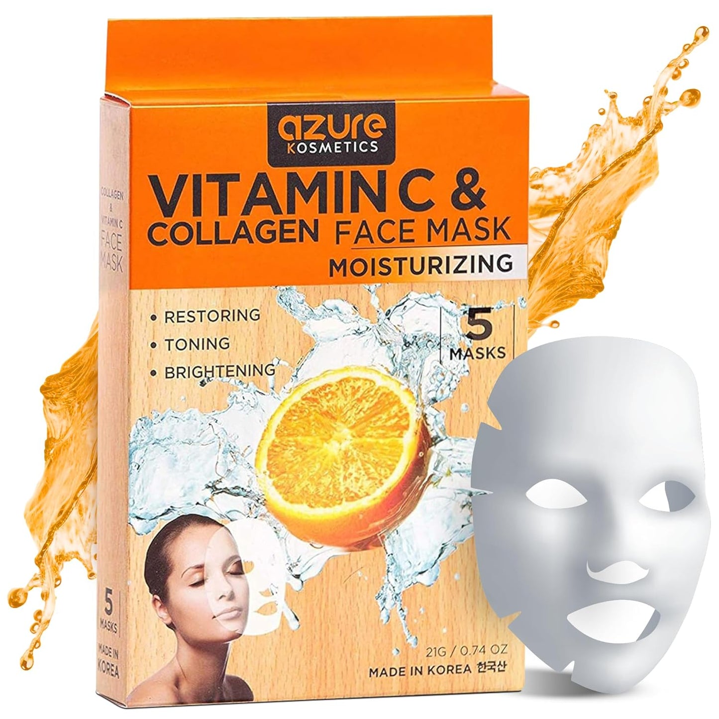 AZURE Hyaluronic Acid & Retinol anti Aging Facial Mask - Dermatologist Tested - Rejuvenating & Hydrating Face Mask - Helps Reduce Fine Lines & Wrinkles, Smooths & Repairs - Korean Skin Care - 5 Pack