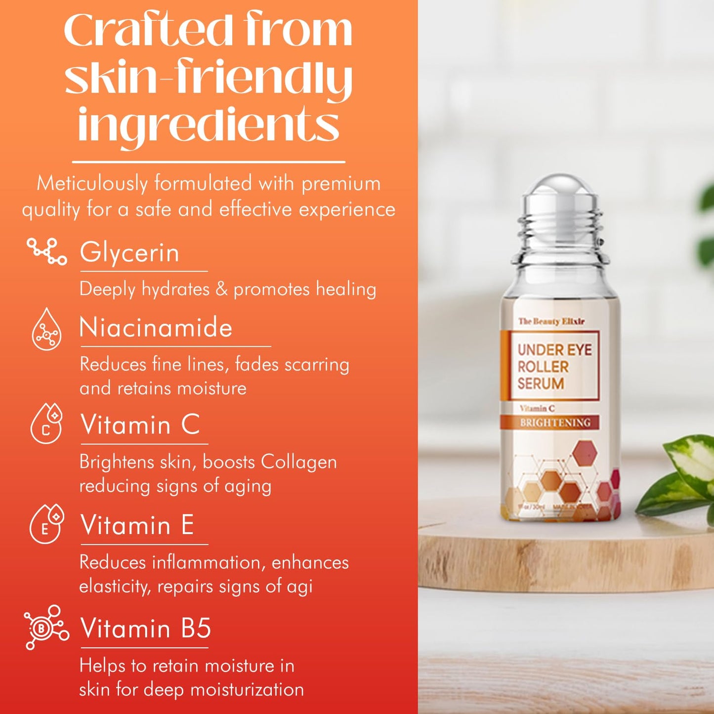Beauty Elixir Vitamin C under Eye Roller Serum for Dark Circles and Puffiness - Reduce Wrinkles and Fine Lines, Bags under Eyes