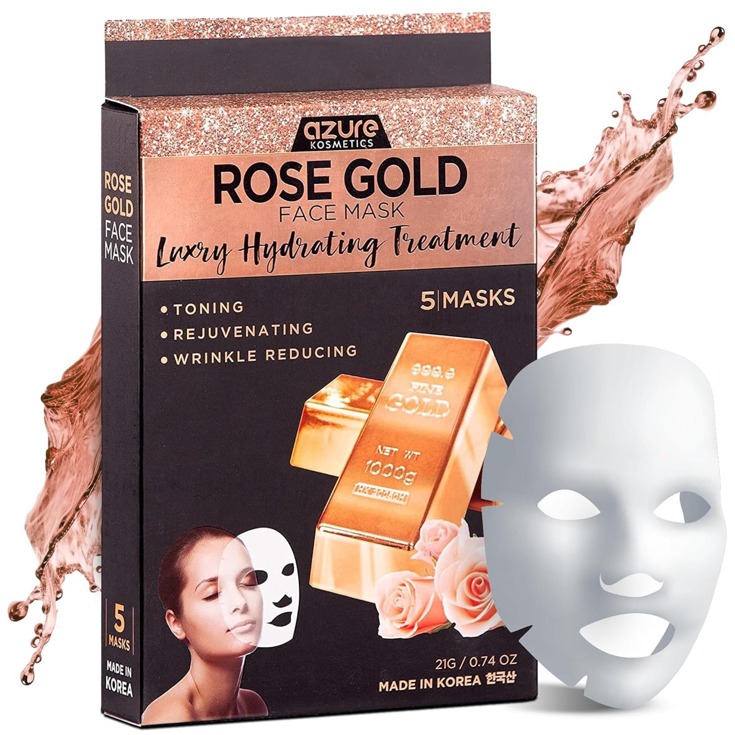 AZURE Hyaluronic Acid & Retinol anti Aging Facial Mask - Dermatologist Tested - Rejuvenating & Hydrating Face Mask - Helps Reduce Fine Lines & Wrinkles, Smooths & Repairs - Korean Skin Care - 5 Pack