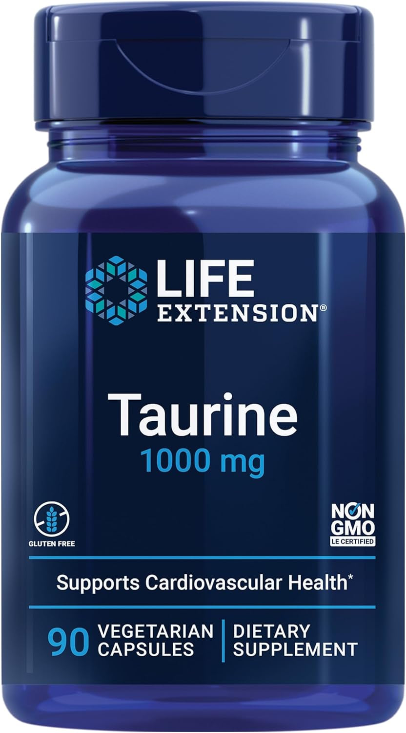 Life Extension Taurine, Pure Taurine Amino Acid Supplement, Heart, Liver and Brain Health, Longevity, Muscle and Exercise, 1000 Mg Dose, Non-Gmo, Gluten-Free - Two Pack - 90 Vegetarian Capsules X 2