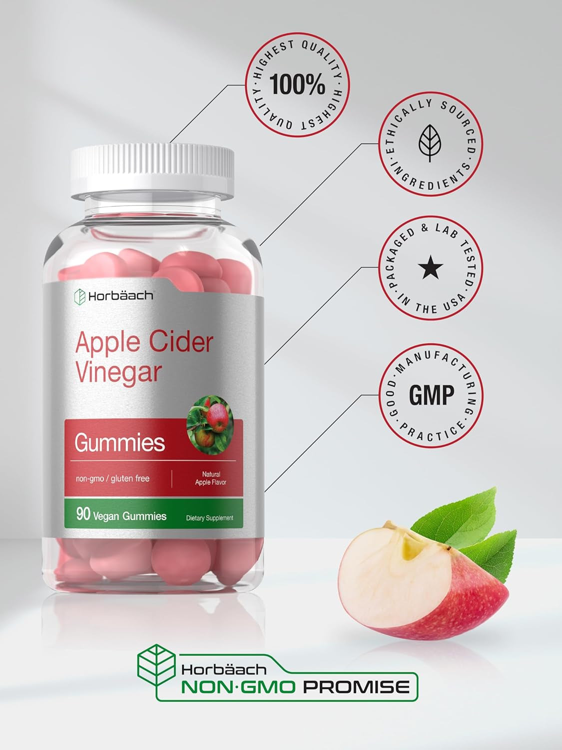 Horbäach Vegan Apple Cider Vinegar Gummies | 90 Count | ACV Supplement | Apple Flavor | Non-Gmo, Gluten Free Gummies for Adults
