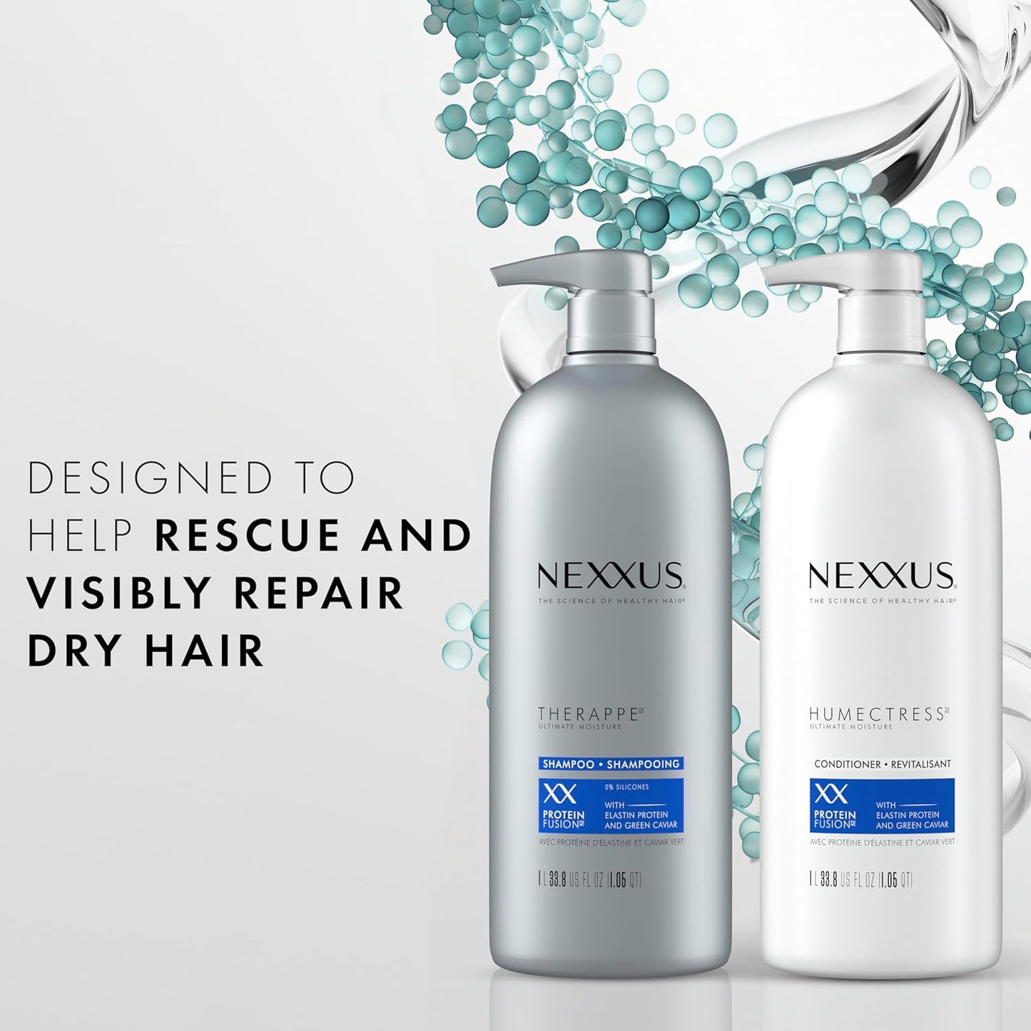 Nexxus Shampoo and Conditioner Therappe Humectress 2 Count for Dry Hair Silicone-Free, Moisturizing Caviar Complex and Elastin Protein 33.8 Oz