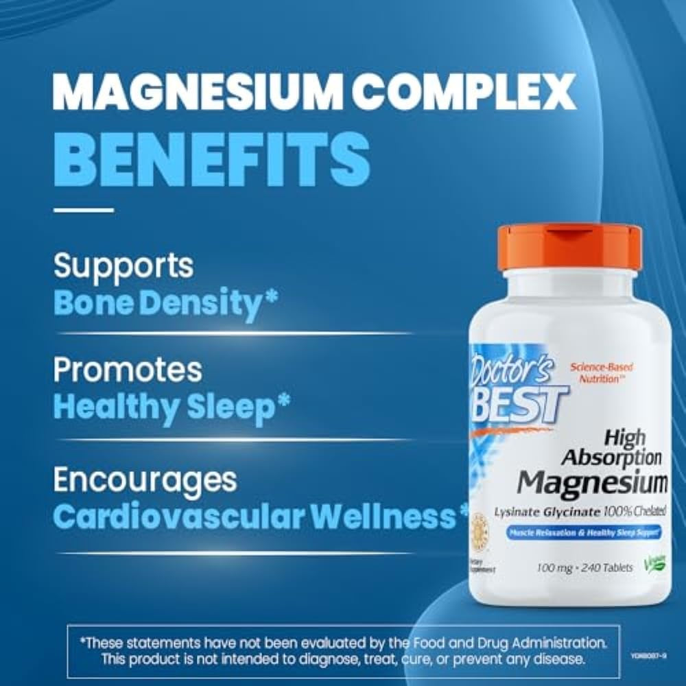 Doctor'S Best High Absorption Magnesium Glycinate Lysinate, 100% Chelated, Non-Gmo, Vegan, Gluten & Soy Free, 200 Mg, 240 Count