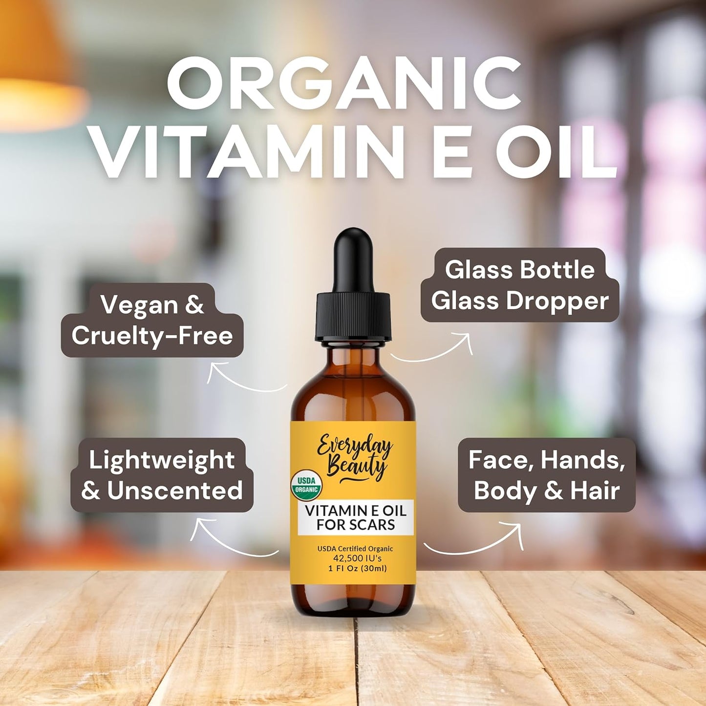 Organic Vitamin E Oil for Scars - All Natural & Vegan Skin Moisturizer 1Oz - Light and Unscented Great for Scars after Surgery - Reduce Wrinkles, anti Aging, Lighten Dark Spots - Face, Skin & All Over