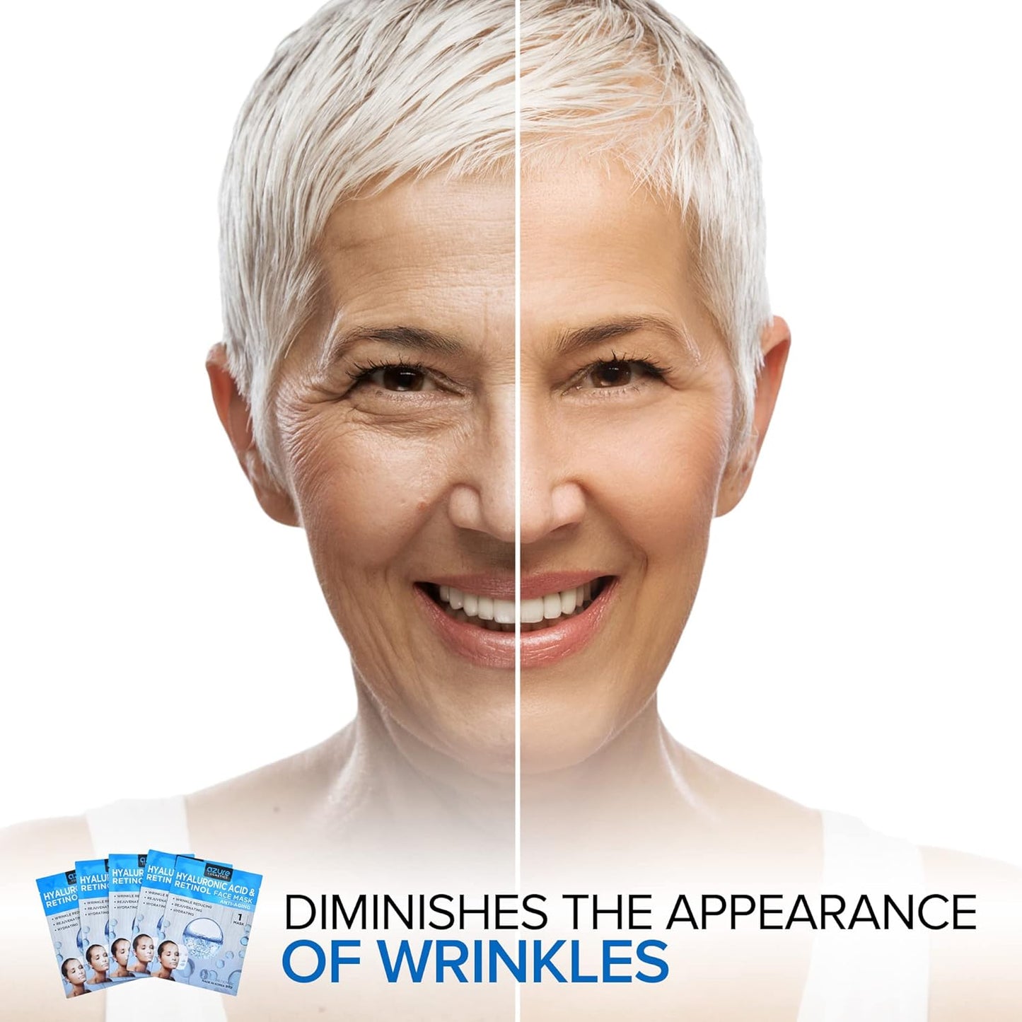 AZURE Hyaluronic Acid & Retinol anti Aging Facial Mask - Dermatologist Tested - Rejuvenating & Hydrating Face Mask - Helps Reduce Fine Lines & Wrinkles, Smooths & Repairs - Korean Skin Care - 5 Pack