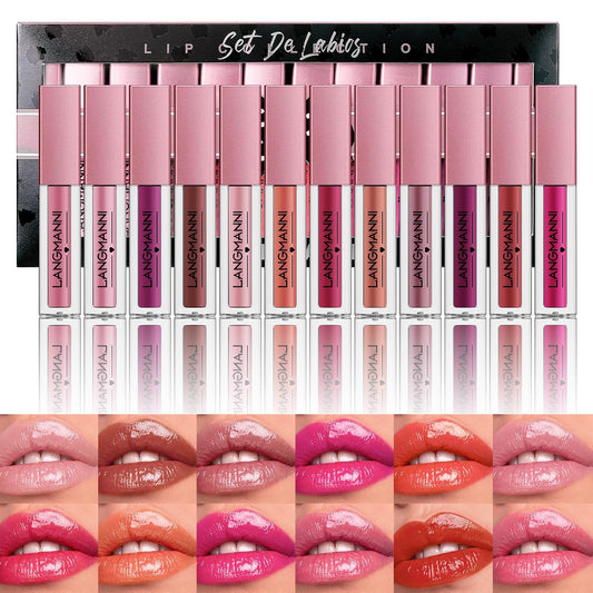 LANGMANNI 12Pcs Lip Gloss Collection Makeup Set, Shiny Smooth Soft Liquid Lip Glosses Lip Stain with Rich Varied Colors for Girls and Women Makeup (Glossy-A)