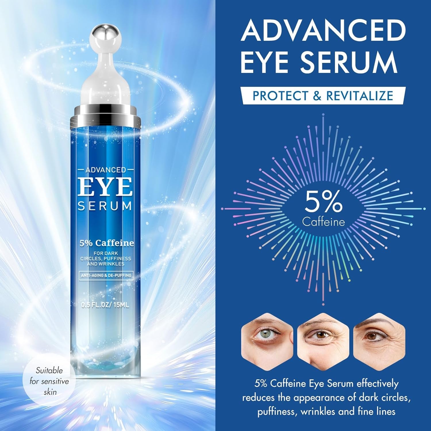 5% Caffeine Eye Serum anti Aging,Under Eye Roller Serum Reduce Dark Circles, Puffiness, Fine Lines, Wrinkles 360° Massage Ball Eye Treatment Serum Eye Balm for Late Nights, Overtime