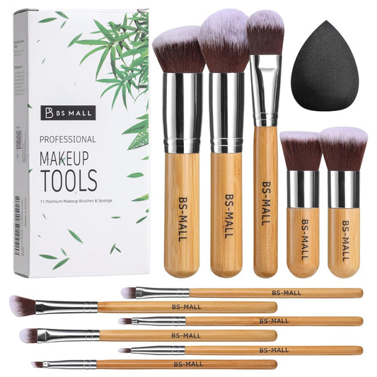 BS-MALL Makeup Brush Set 11Pcs Bamboo Synthetic Kabuki Brush Set Foundation Powder Blending Concealer Eye Shadows Blush Cosmetics Brushes with Organizer Bag & Makeup Sponge