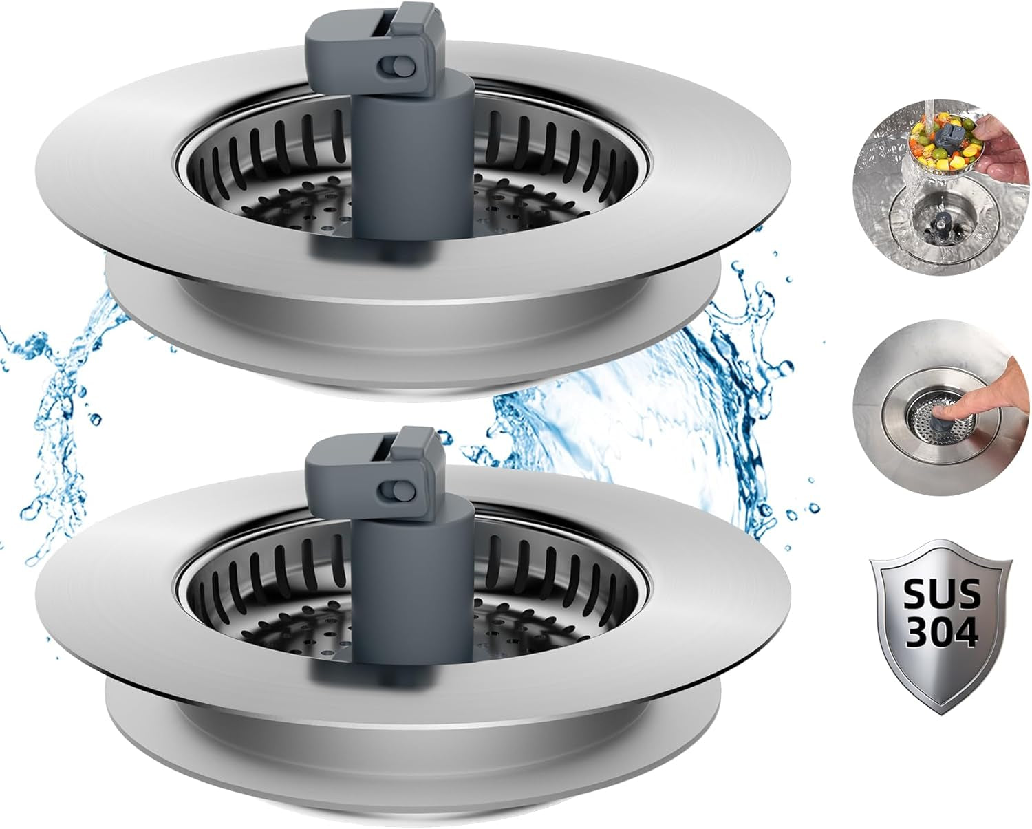 Hibbent Upgraded 3 in 1 Kitchen Sink Drain Strainer and Stopper Combo, Stainless Steel Metal Pop up Sink Stopper, Anti-Clogging Basket with Foldable Handle for US Standard 3-1/2 Inch Drain