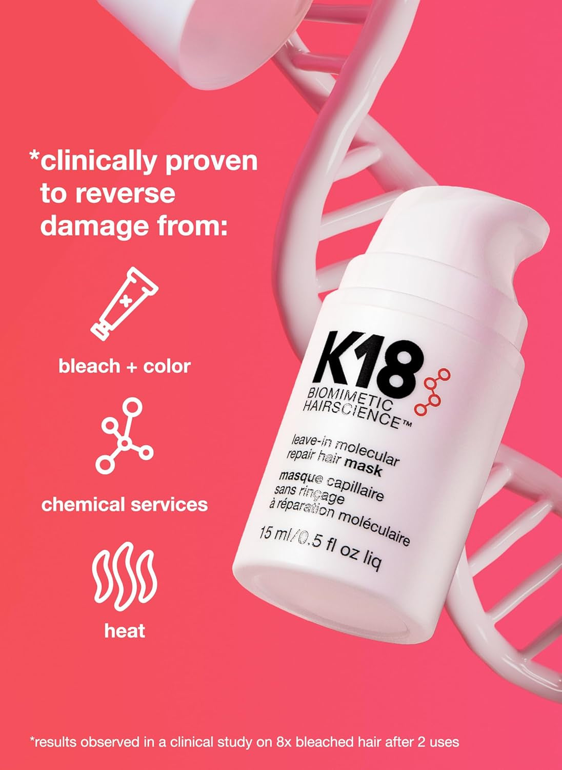 K18 Leave-In Molecular Hair Mask, Repairs Dry or Damaged Hair, Reverse Hair Damage from Bleach, Color, Chemical Services & Heat