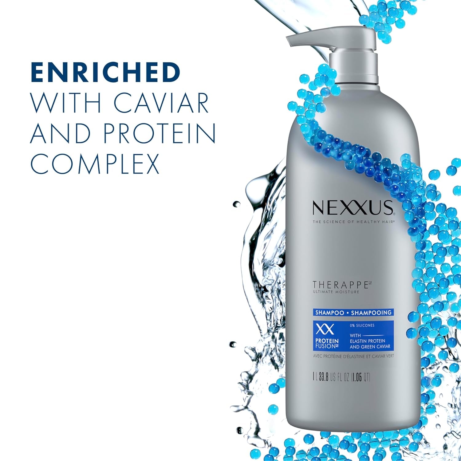 Nexxus Shampoo and Conditioner Therappe Humectress 2 Count for Dry Hair Silicone-Free, Moisturizing Caviar Complex and Elastin Protein 33.8 Oz