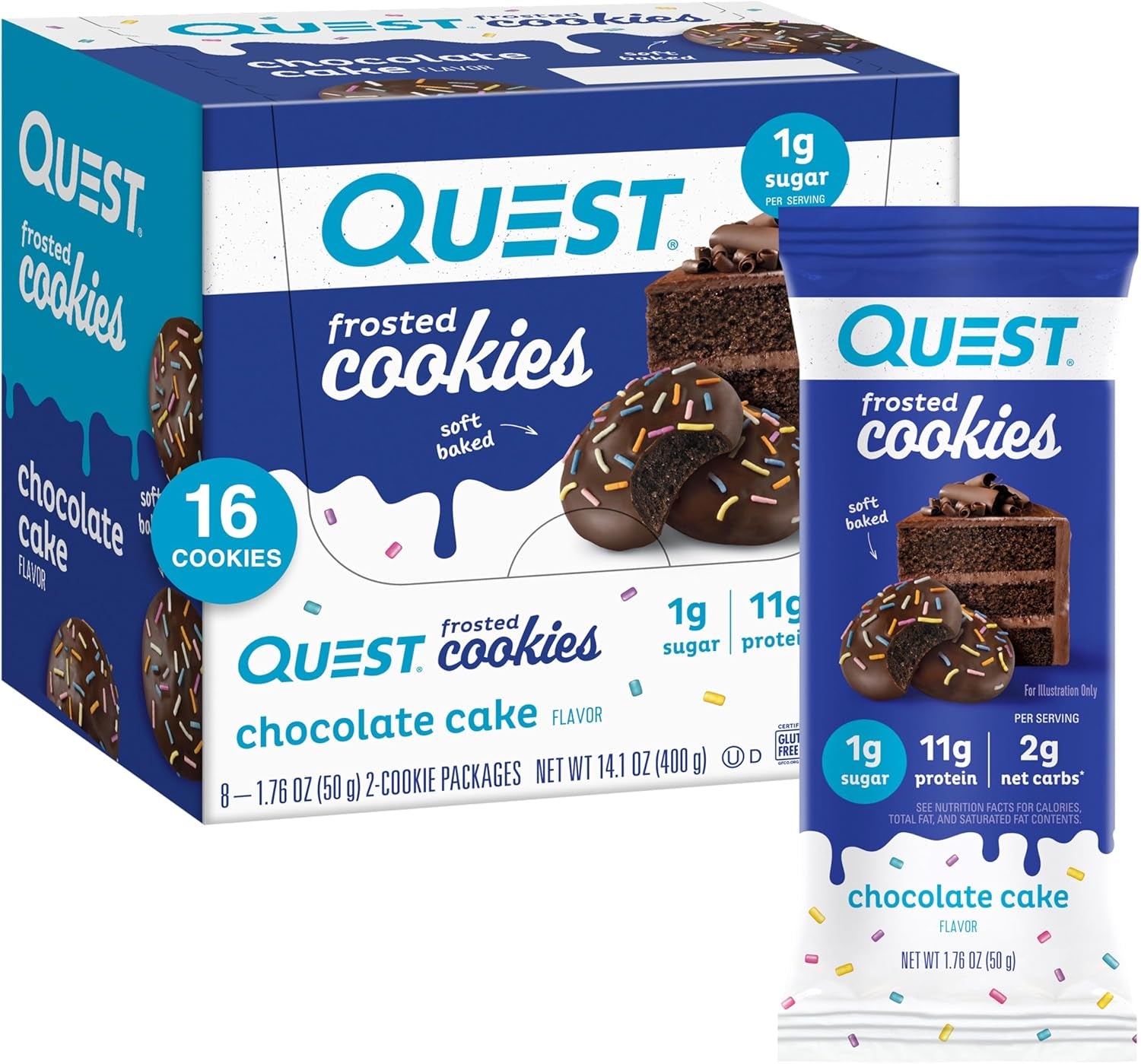 Quest Nutrition Frosted Cookies Twin Pack, Strawberry Cake, 1G Sugar, 10G Protein, 2G Net Carbs, Gluten Free, 16 Cookies