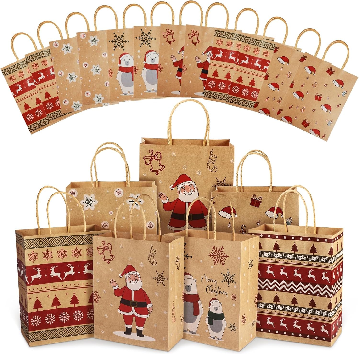 Christmas Gift Bags, 24 PCS Reusable Christmas Treat Bags, Paper Gift Bags with Handles & Christmas Prints, Christmas Bags for Gifts Holiday Gift Bags Xmas Gift Bags Party Favors, 7.08X3.5X8.85 Inch