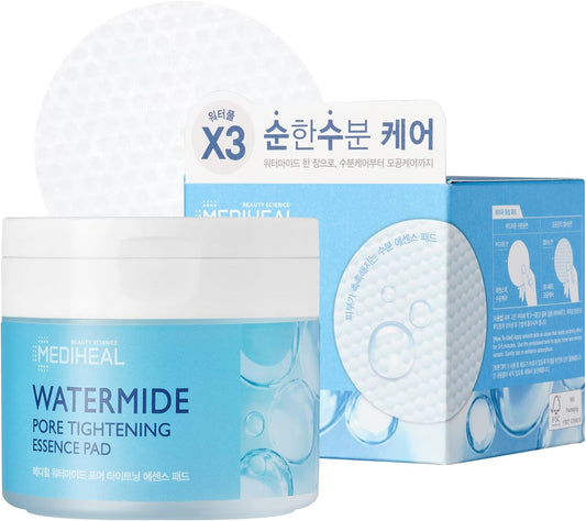 Mediheal Watermide Pore Tightening Essence Toner Pad - Pore Minimizing, Hydrating, and Exfoliating Pads, Cotton Pads Enriched with Sea Water and Ceramide for Nourishment and Hydration, 50 Sheets