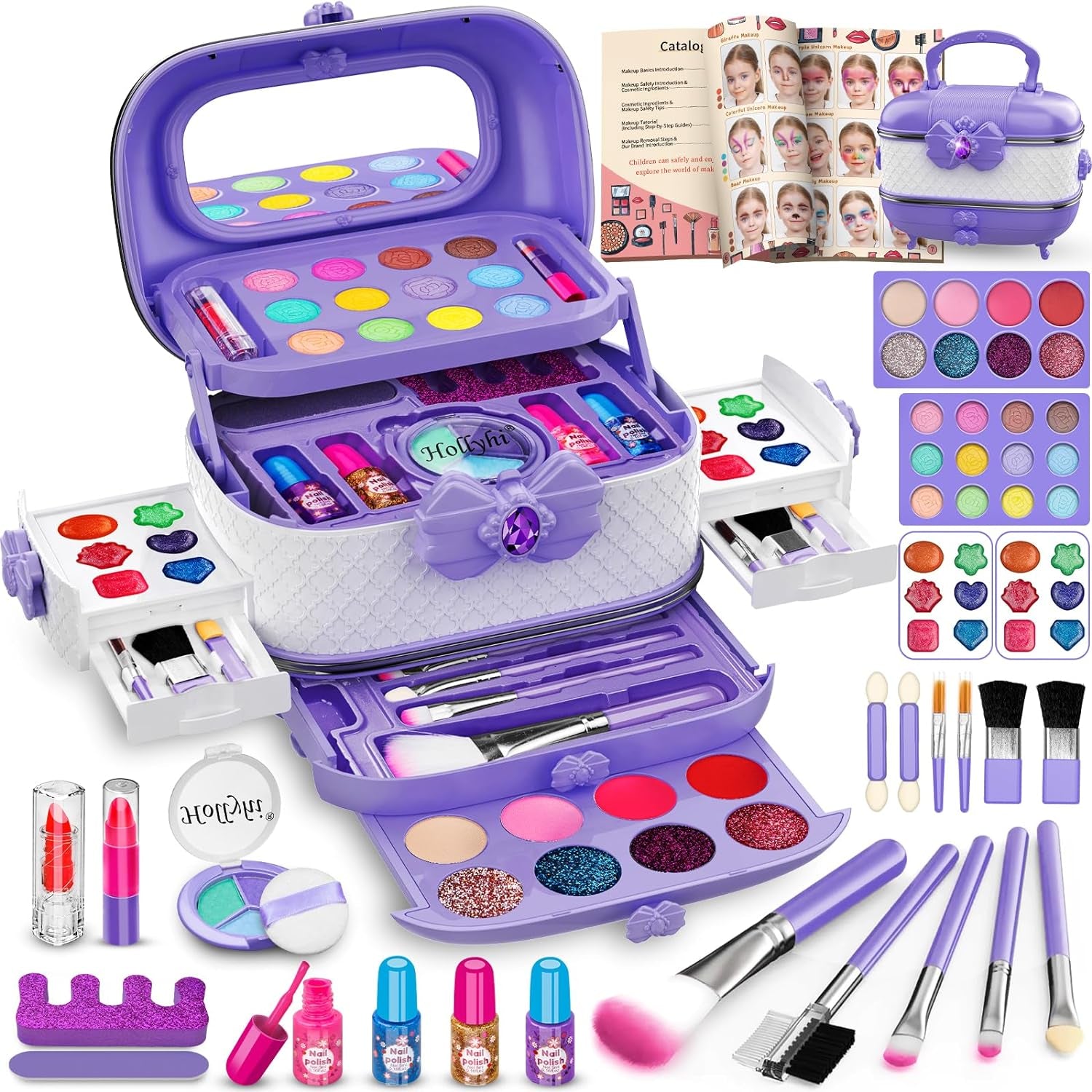 Hollyhi 58 Pcs Kids Makeup Kit for Girl, Princess Toys Real Washable Cosmetic Set with Mirror, Kids Makeup Sets for Girls, Play Make up Birthday Gifts for 3 4 5 6 7 8 9 10 11 12 Years Old Kid (Rose)