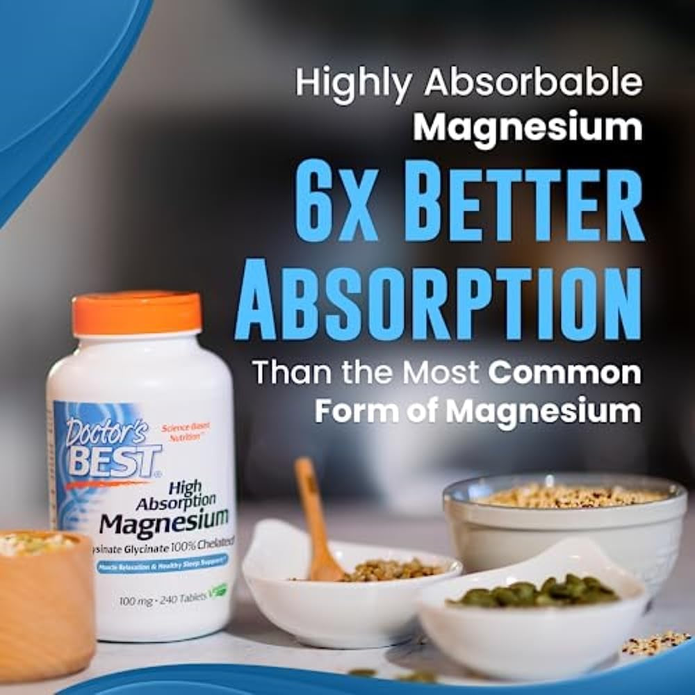 Doctor'S Best High Absorption Magnesium Glycinate Lysinate, 100% Chelated, Non-Gmo, Vegan, Gluten & Soy Free, 200 Mg, 240 Count