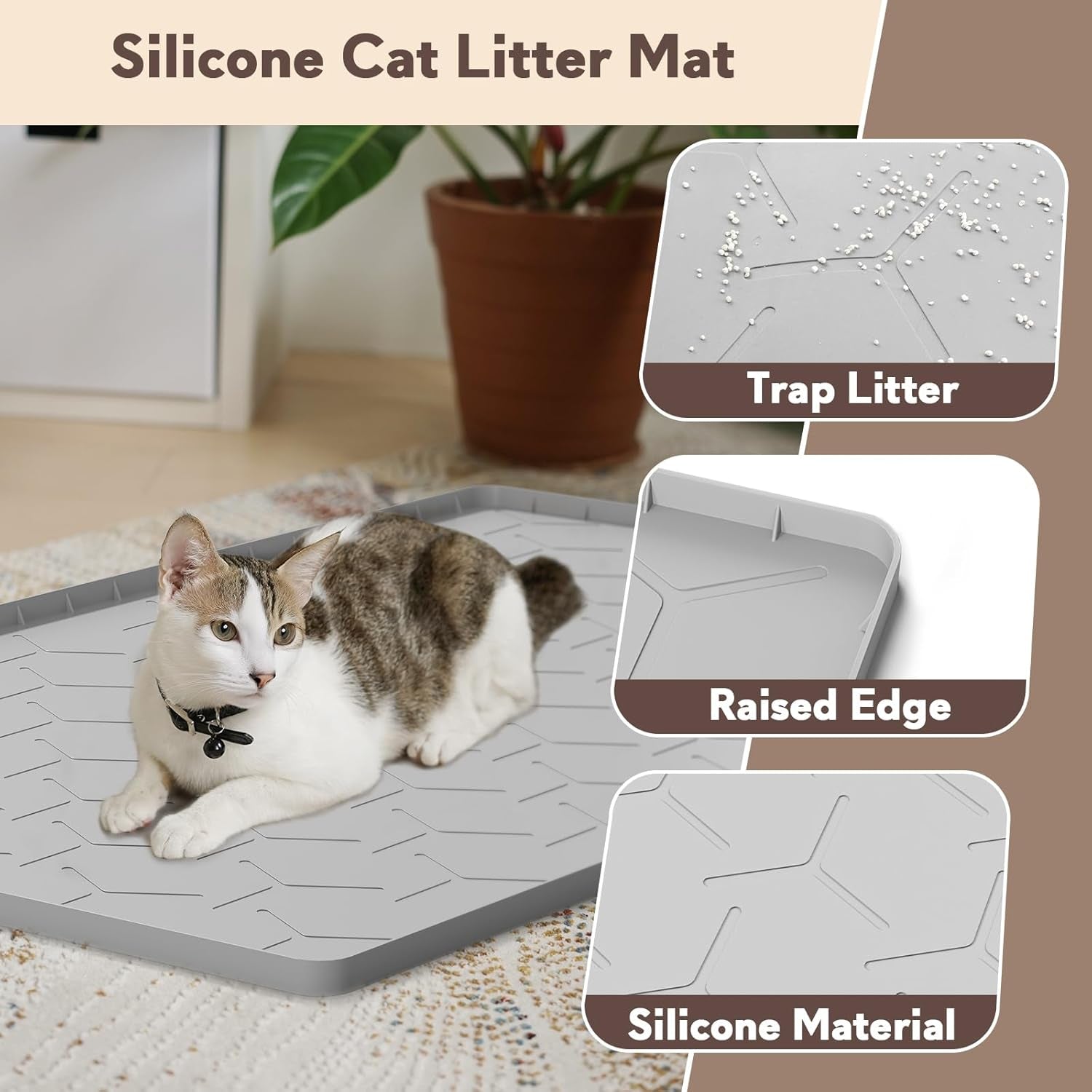 Silicone Cat Mat for Litter Box: Large 34" X 22" Cat Litter Mat Litter Trapping Mat, Waterproof Kitty Litter Mats for Floor, Gray