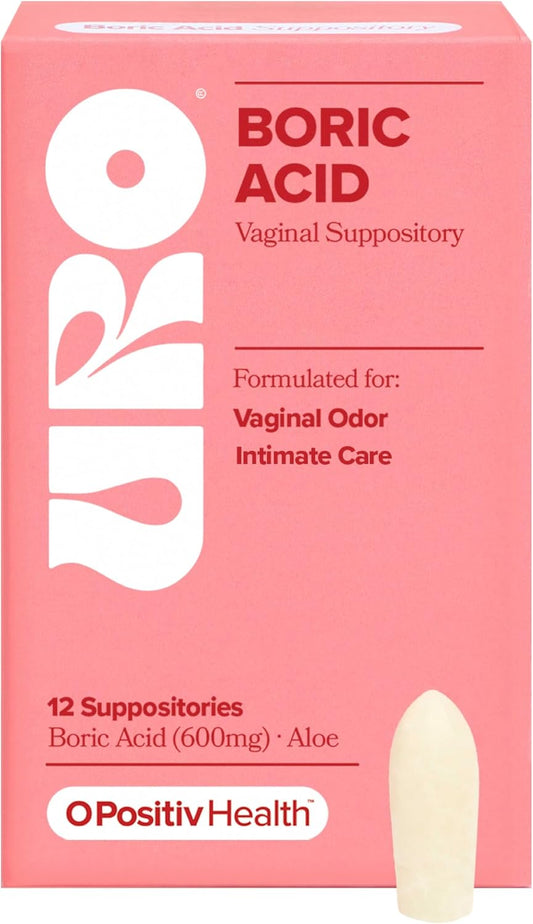 URO Boric Acid Vaginal Suppository – with Boric Acid, Lactic Acid, and Aloe for Fast Relief and Vaginal Odor Control – Vegan, Paraben-Free, Dye-Free, Fragrance-Free – 12 Count (Pack of 1)