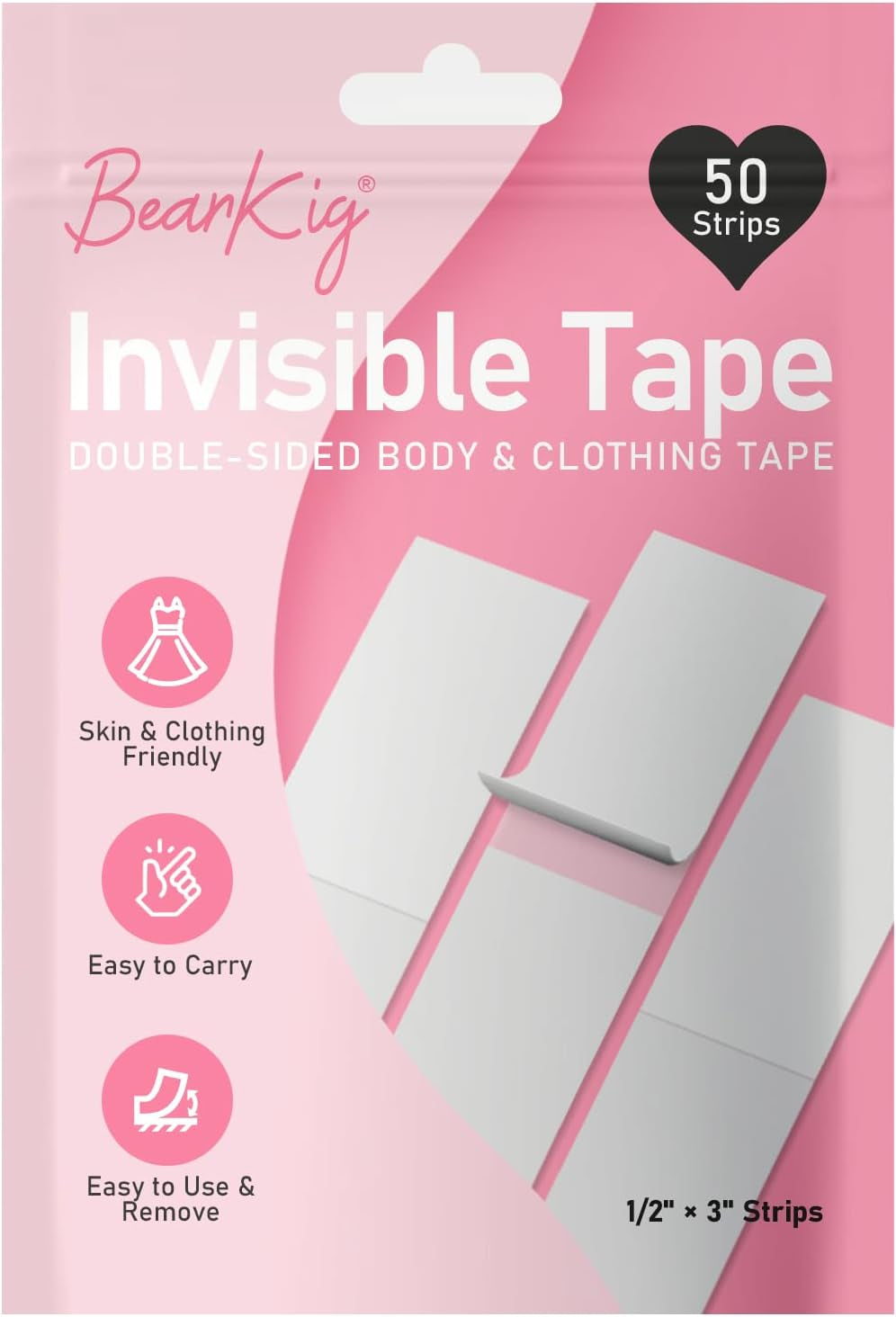 Bearkig 50-Strips Double-Sided Tape for Fashion, Tape for Clothes, Fabric Tape for Women Clothing and Body, All Day Strength Tape Adhesive, Invisible and Clear Tape for Sensitive Skins