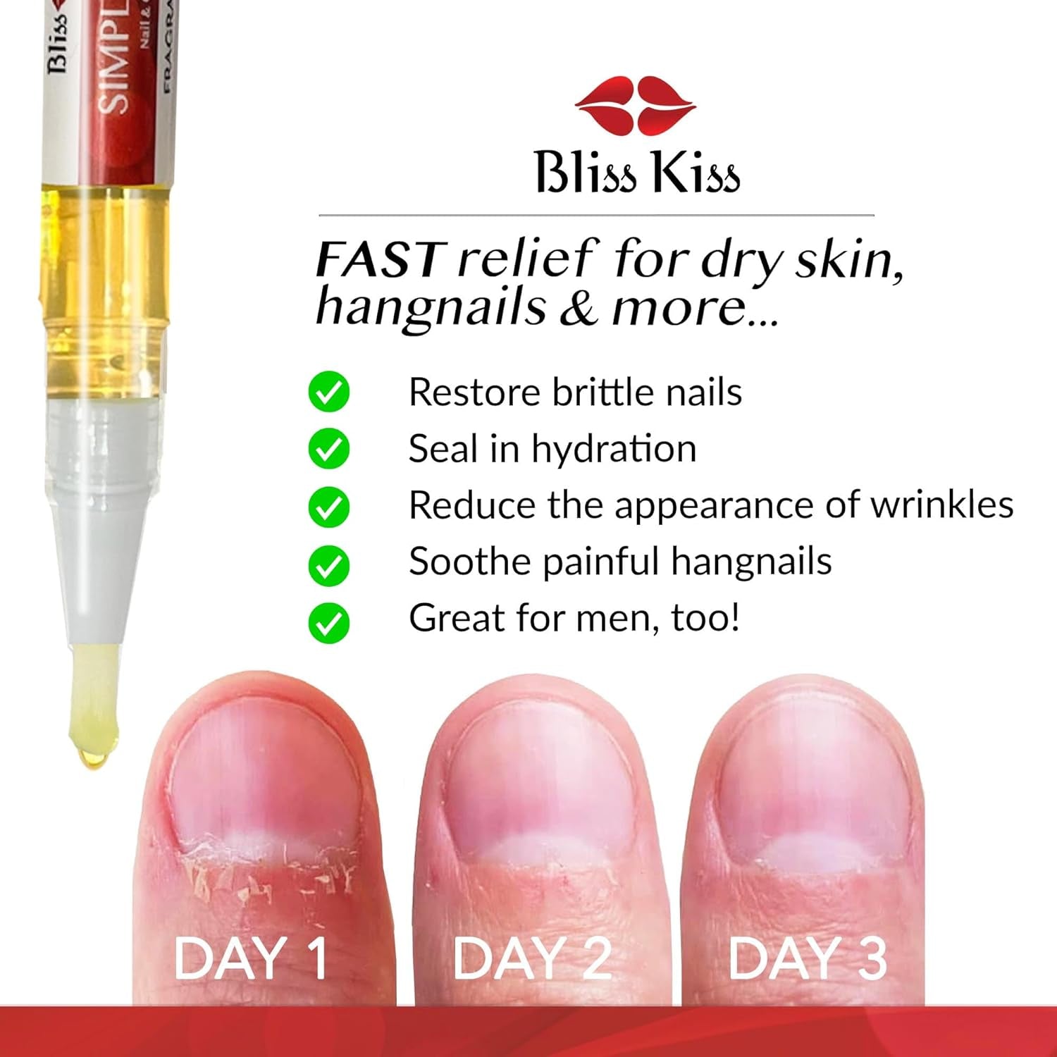 Bliss Kiss | 1 Fragrance Free | Nail Oil Cuticle Pen W/Vitamin E & Jojoba⏤Nail Strengthener Nail Growth Serum for Brittle Peeling Breaking Thin Nails
