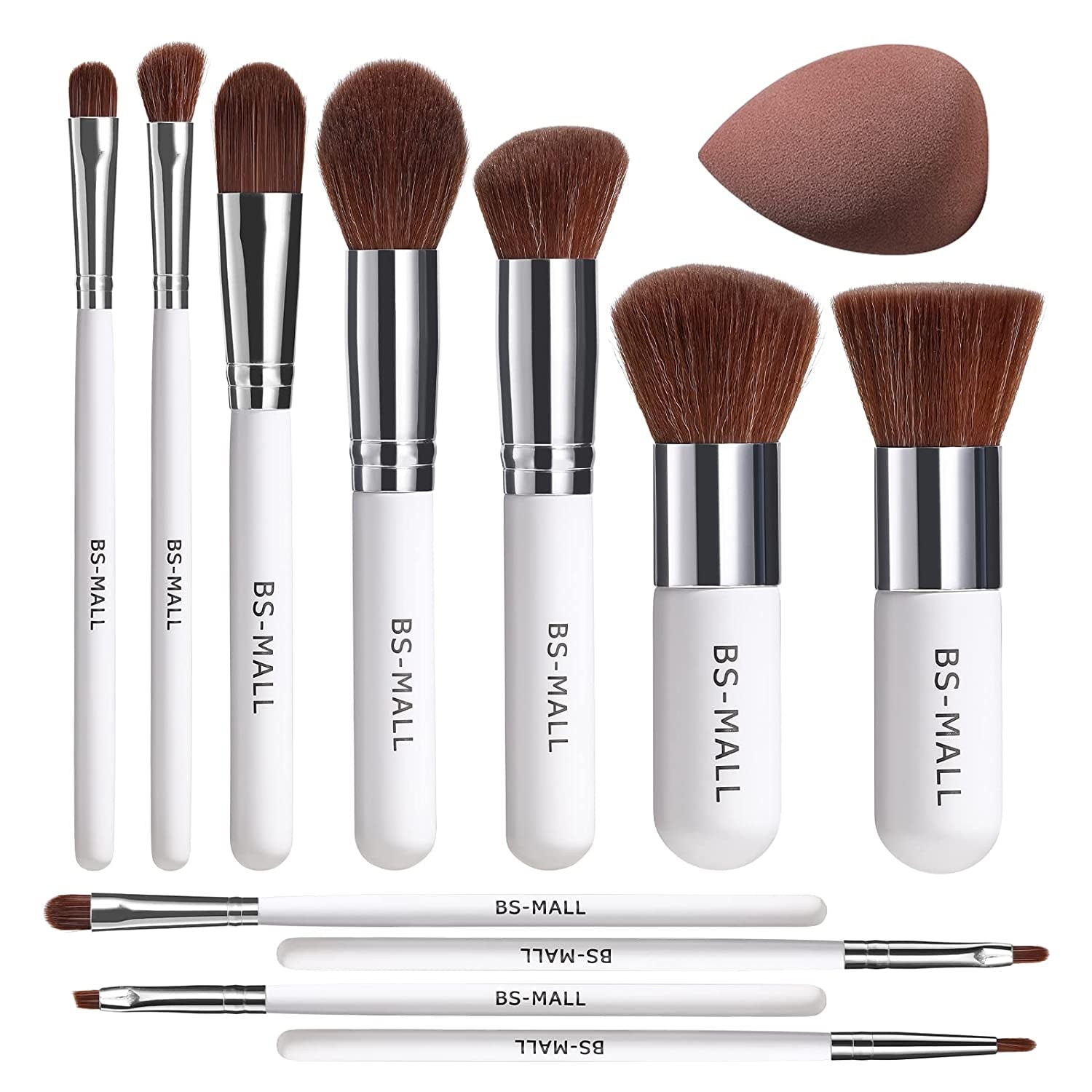 BS-MALL Makeup Brush Set 11Pcs Bamboo Synthetic Kabuki Brush Set Foundation Powder Blending Concealer Eye Shadows Blush Cosmetics Brushes with Organizer Bag & Makeup Sponge