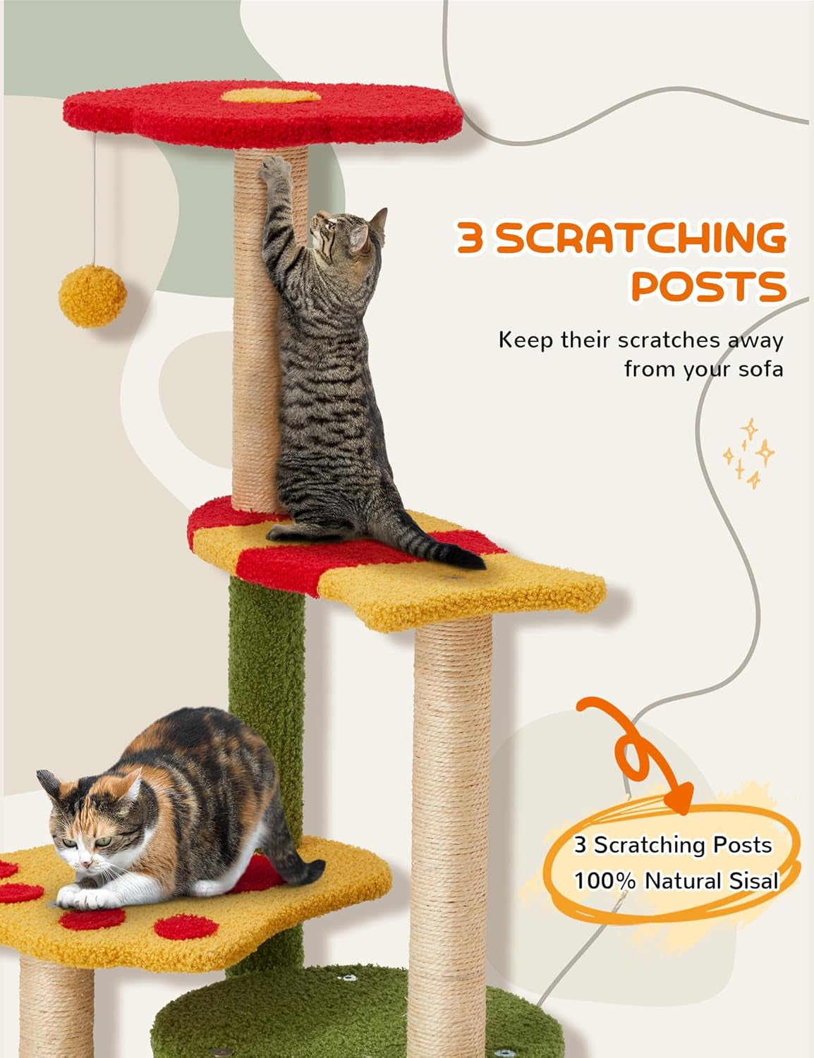 Flower Cat Tree 37In Cute Cat Tree Tower for Indoor Cats with 3 Sisal Covered Scratching Posts, Cozy Tower Condo, Large Padded Top Perch Green Fun Cat Tree Kitty Condo Cat Furniture for Indoor Cats