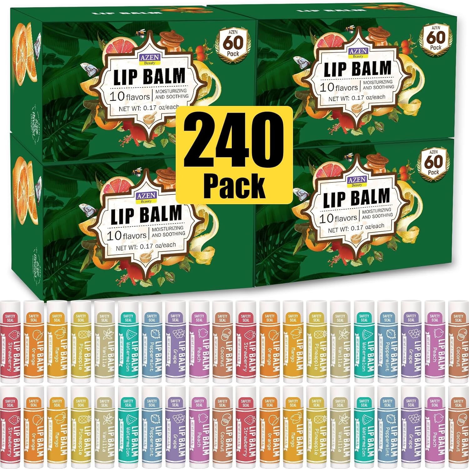 AZEN 30 Pack Lip Balm, Natural Lip Balm Bulk, Lip Care Product, Moisturizing Lip Balm for Dry Cracked Lips - 10 Flavors