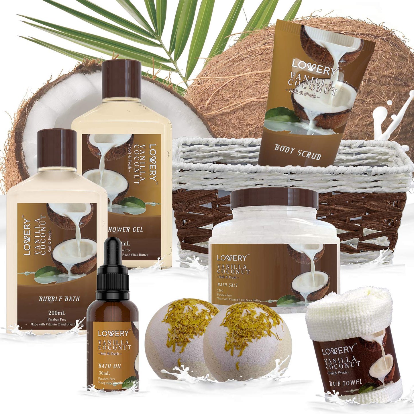 Bath and Body Gift Basket for Women and Men – 9 Piece Set of Vanilla Coconut Home Spa Set, Includes Fragrant Lotions, Extra Large Bath Bombs, Coconut Oil, Luxurious Bath Towel & More