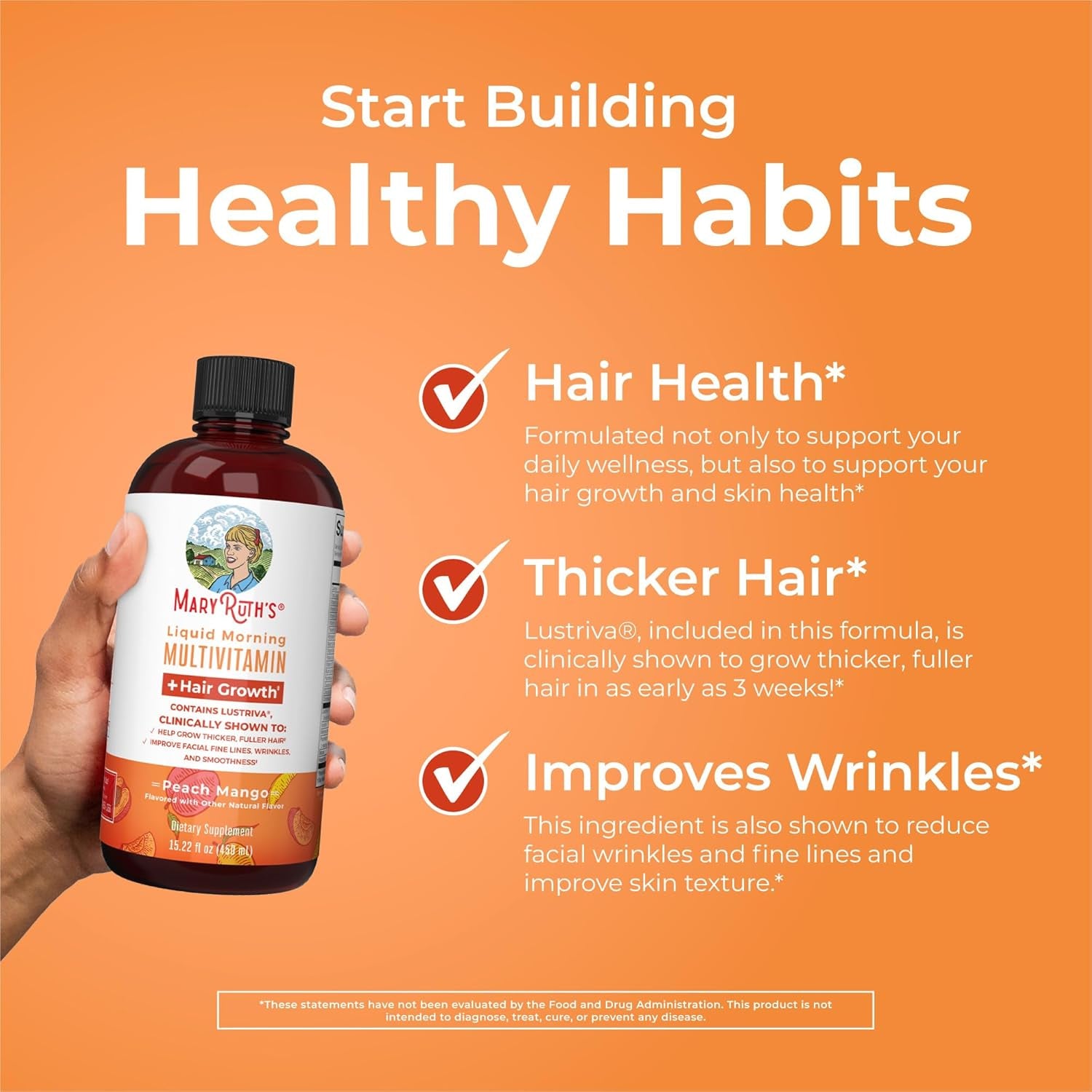 Maryruth Organics Liquid Multivitamin Lustriva® Hair Growth for Women| Biotin 10000Mcg | Vitamin D, B |Clinically Tested for Thicker Hair, Wrinkles, Fine Lines, Skin Care| Ages 18 | 15.22 Fl Oz