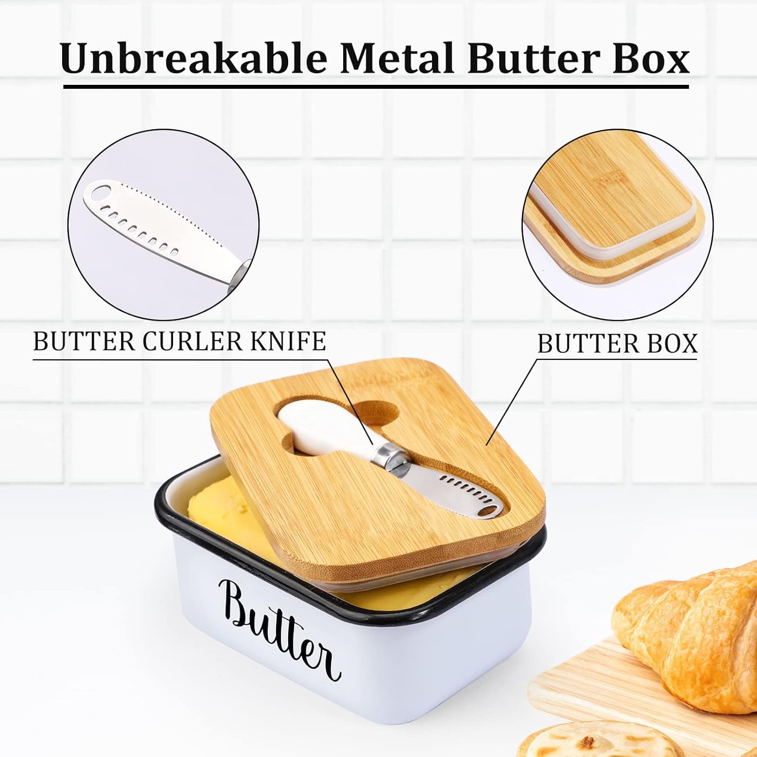 Butter Dish with Lid and Butter Curler Knife for Countertop - Unbreakable Metal Keeper Container with High-Quality Double Silicone Sealing, for Kitchen Farmhouse Decor