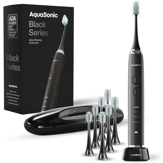 Aquasonic Black Series Ultra Whitening Toothbrush – ADA Accepted Electric Toothbrush- 8 Brush Heads & Travel Case – 40,000 VPM Electric Motor & Wireless Charging - 4 Modes W Smart Timer