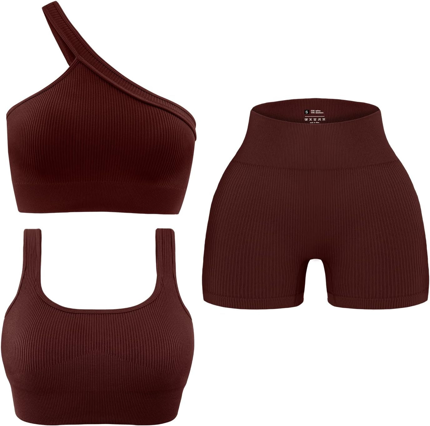 Womens 3 Piece Workout Sets - Seamless Ribbed Yoga Outfits Sports Bra One Shoulder Top Biker Shorts Gym Athletic Cloth