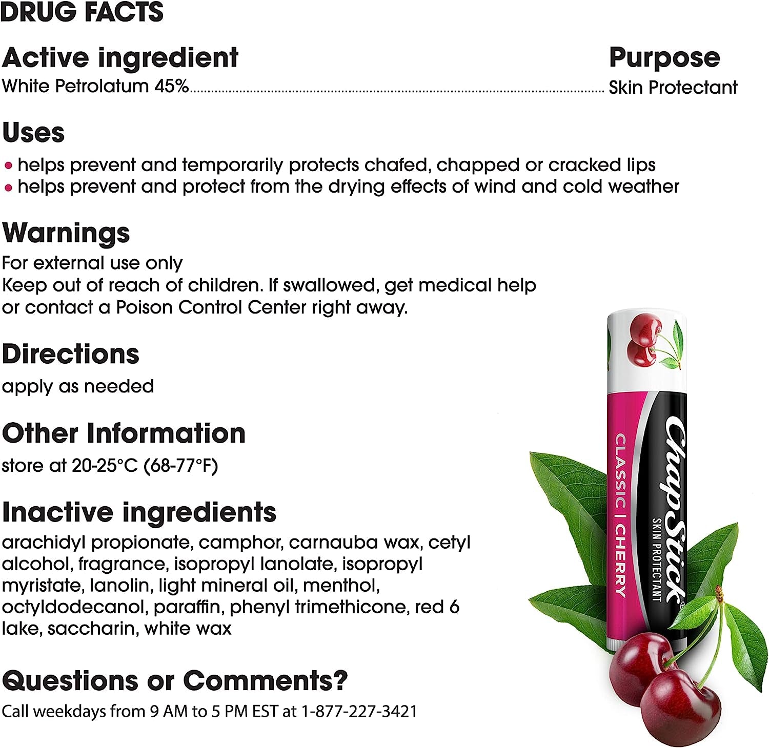Chapstick Classic Skin Protectant Flavored Lip Balm Tube, Cherry Flavor, 0.15 Ounce (Pack of 3)