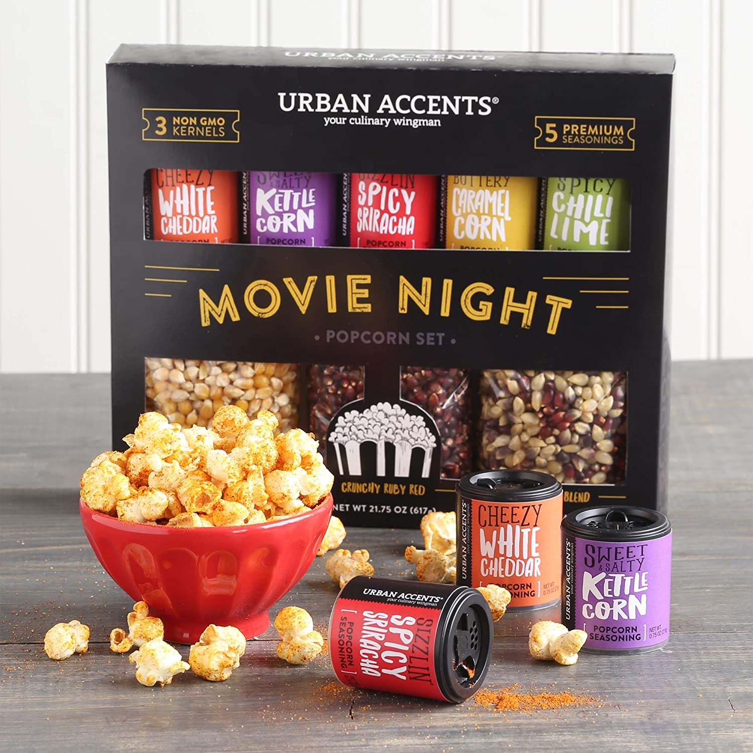 Urban Accents MOVIE NIGHT Popcorn Kernels and Popcorn Seasoning Variety Pack (Set of 8) - 3 Non-Gmo Popcorn Kernel Packs and 5 Gourmet Popcorn Snack Seasoning