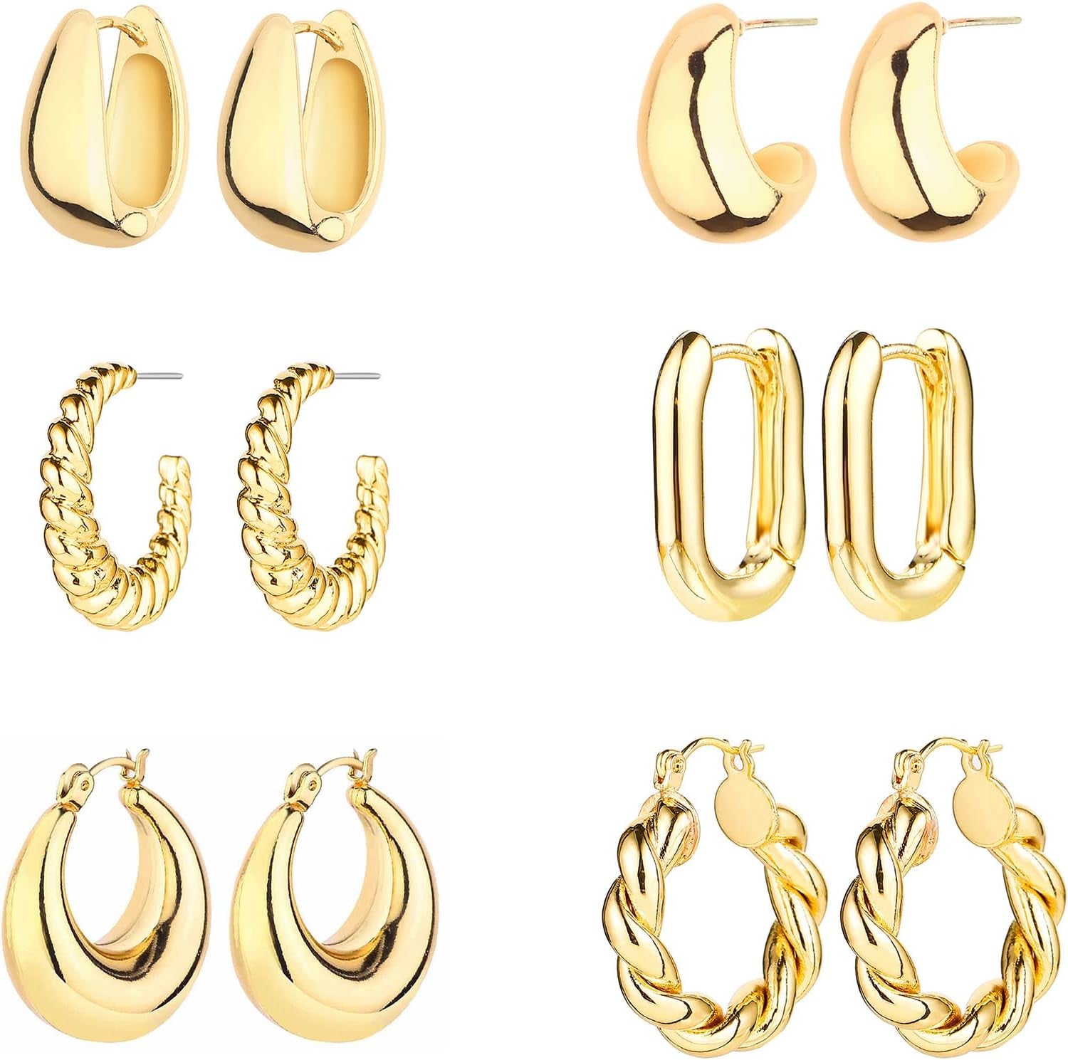 6 Pairs 14K Gold Hoop Earrings for Women Lightweight Chunky Hoop Earrings Multipack Hypoallergenic, Thick Open Twisted Huggie Hoops Earring Set Jewelry for Gifts.