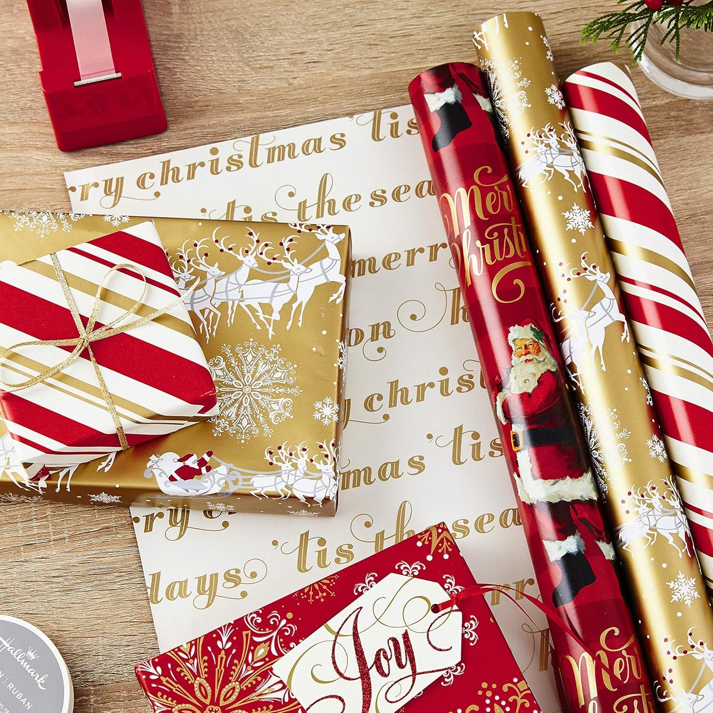 Hallmark Christmas Wrapping Paper Rolls - Traditional Holiday Gift Wrap Paper (Set of 3 Reversible Rolls: 120 Sq. Ft. Ttl.) Red and Gold Snowflakes, Stripes, Plaid, Santa'S Sleigh