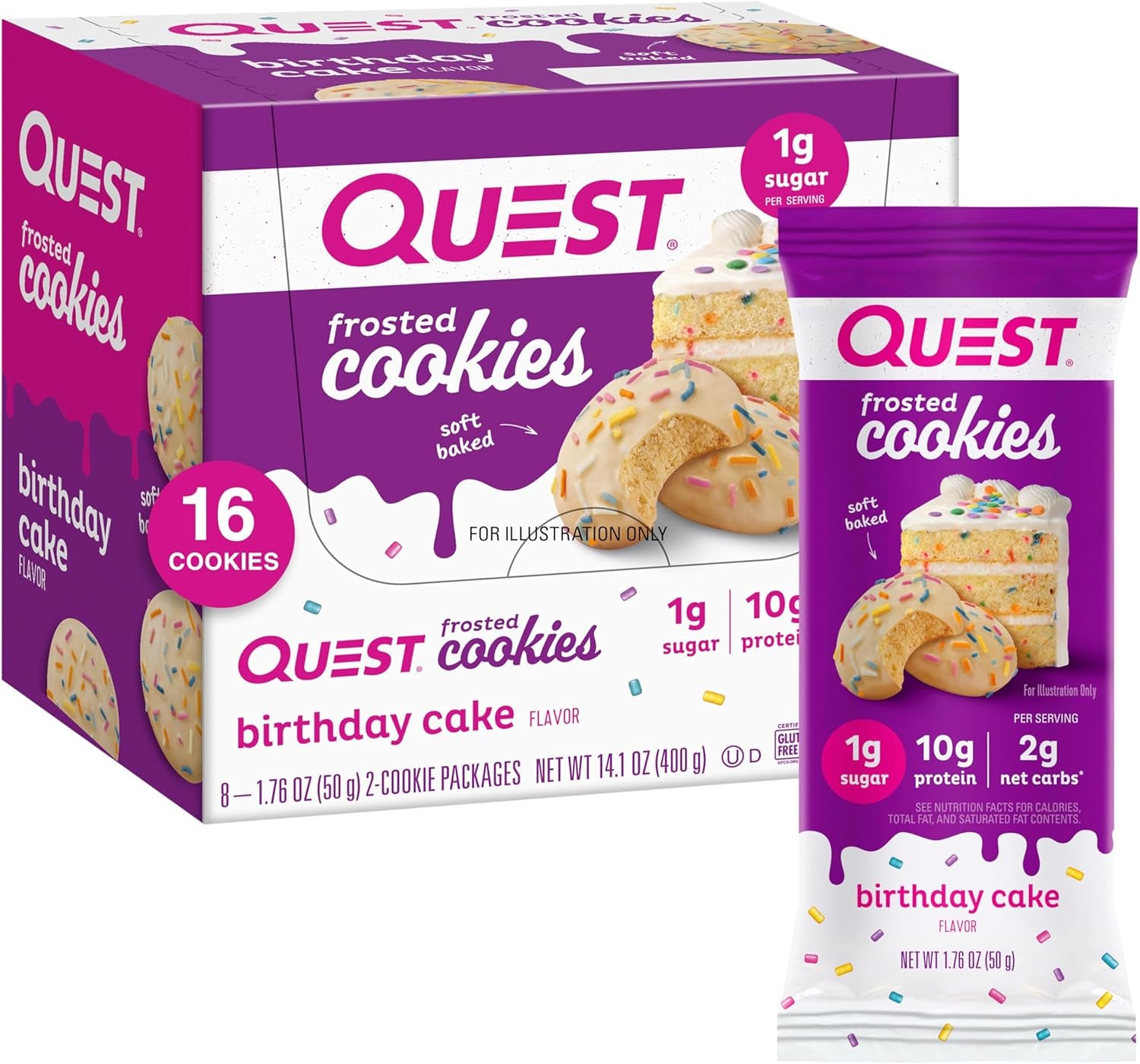 Quest Nutrition Frosted Cookies Twin Pack, Strawberry Cake, 1G Sugar, 10G Protein, 2G Net Carbs, Gluten Free, 16 Cookies