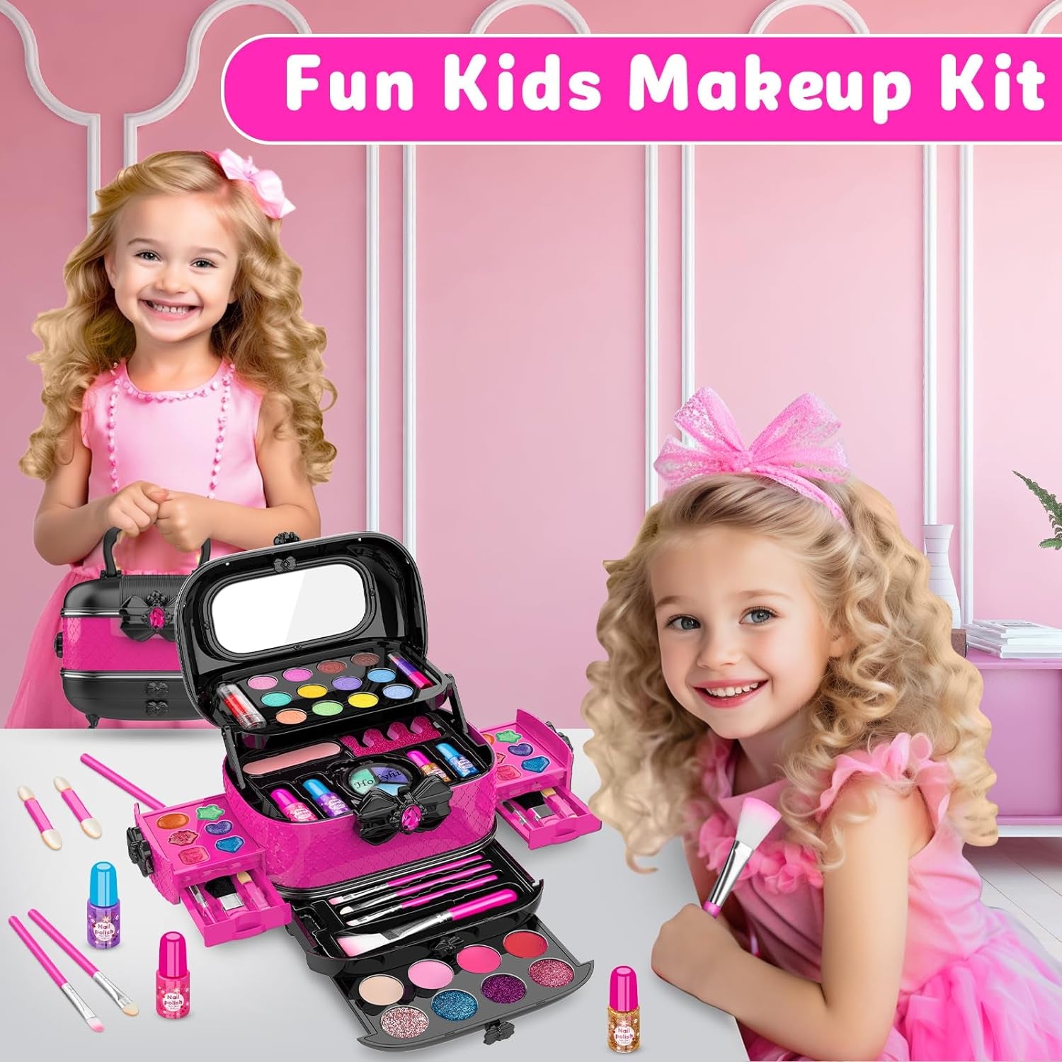 Hollyhi 58 Pcs Kids Makeup Kit for Girl, Princess Toys Real Washable Cosmetic Set with Mirror, Kids Makeup Sets for Girls, Play Make up Birthday Gifts for 3 4 5 6 7 8 9 10 11 12 Years Old Kid (Rose)