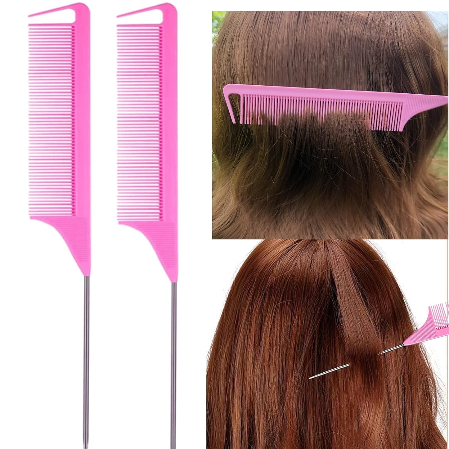 8Pcs Hair Brushes Set with 4Pcs Topsy Hair Tail Tools 1Pcs Bristle Teasing Hair Brush 1Pcs Edge Control Brush 2Pcs Metal Pin Rat Tail Combs for Woman Girl Hair Styling,Edge&Back Brushing Pink