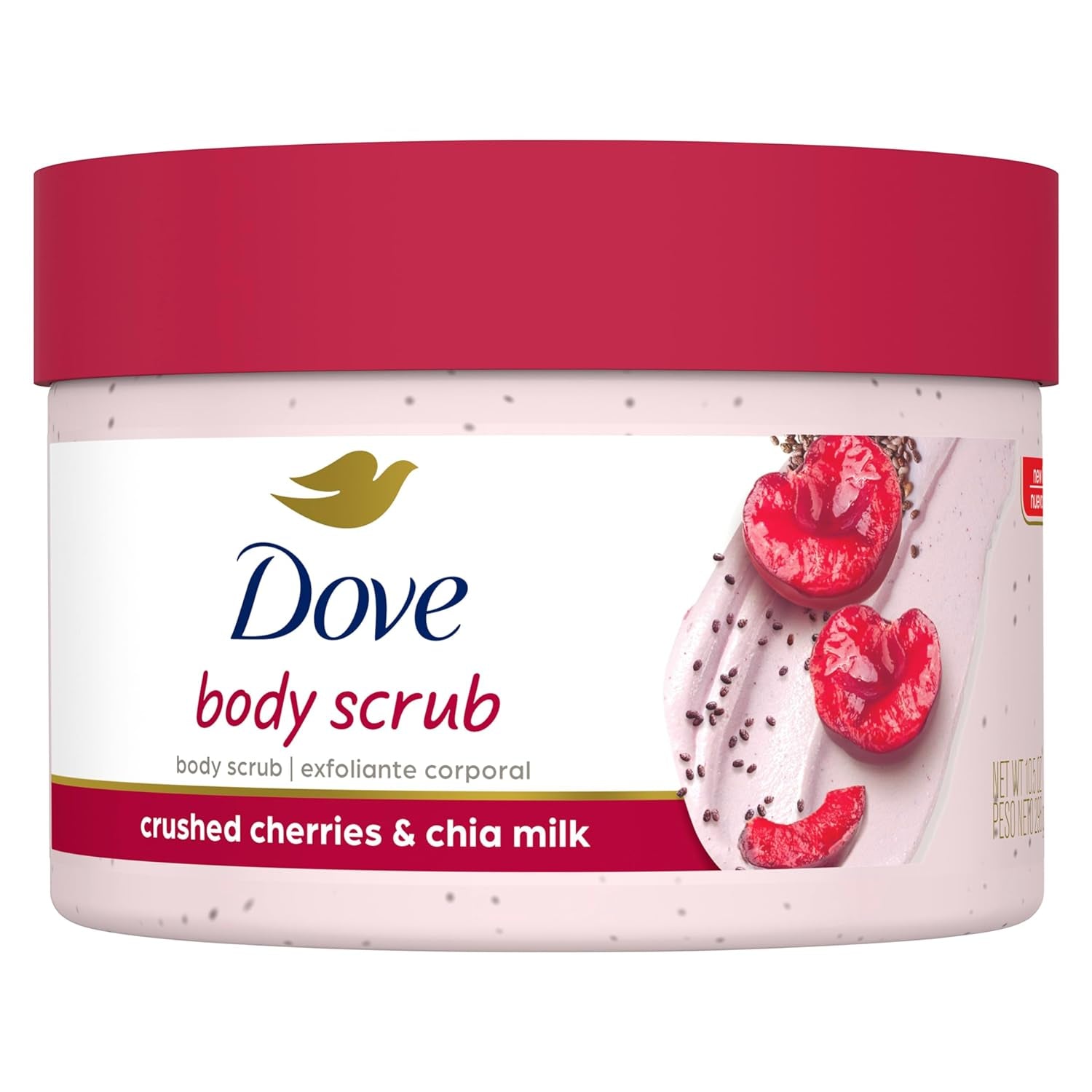 Dove Exfoliating Body Polish Crushed Cherries & Chia Milk Skin Care for Revitalized Skin Formulated with 1/4 Moisturizing Cream 10.5 Oz