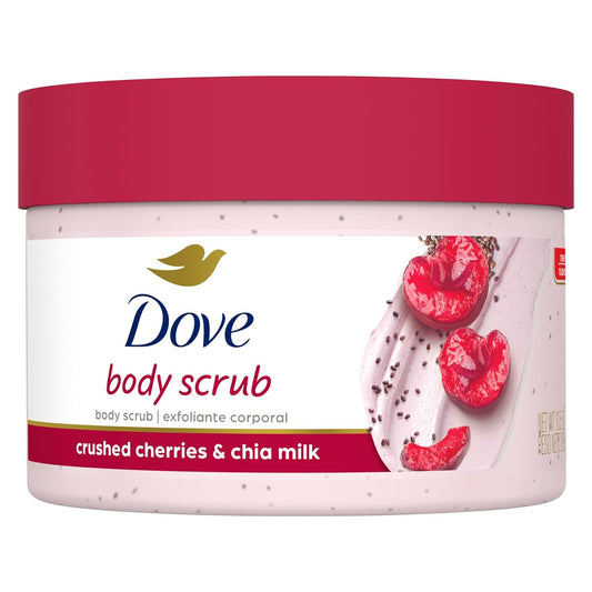 Dove Exfoliating Body Polish Crushed Cherries & Chia Milk Skin Care for Revitalized Skin Formulated with 1/4 Moisturizing Cream 10.5 Oz