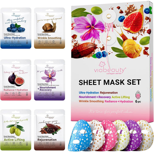 6 Pack of Sheet Face Masks Skincare - Collagen Face Mask Sheets with Hyaluronic Acid, Vitamin C, Snail Mucin - Facial Sheet Mask for Hydrating, Moisturizing, Rejuvenating