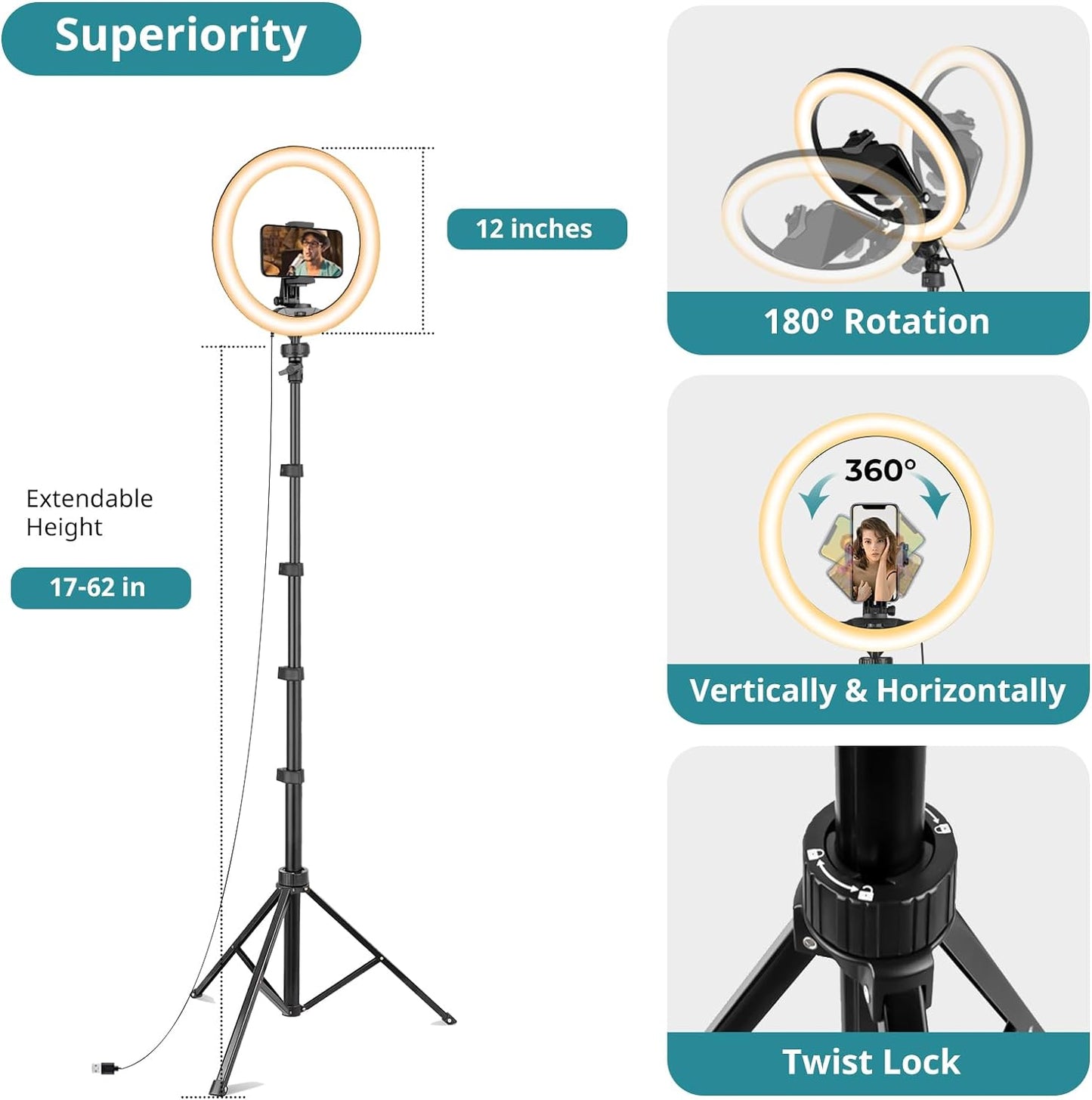 12" Ring Light with Tripod Stand and Phone Holder,Selfie LED Lighting with 62" Phone and Stand,Circle Ringlight for Photography,Tik Tok and Youtube,Compatible with Iphone, Android and Cameras