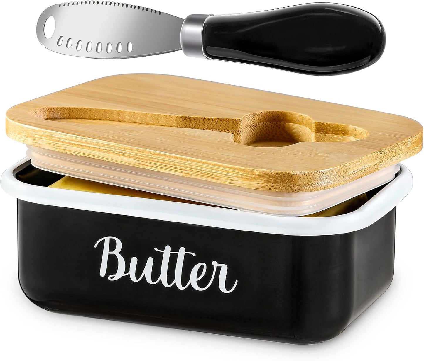 Butter Dish with Lid and Butter Curler Knife for Countertop - Unbreakable Metal Keeper Container with High-Quality Double Silicone Sealing, for Kitchen Farmhouse Decor