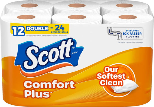 Scott Comfortplus Toilet Paper, 12 Double Rolls, 231 Sheets per Roll, Septic-Safe, 1-Ply Toilet Tissue