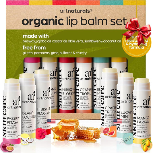 Artnaturals Organic Beeswax Lip Balm Gift Set - Assorted Flavors with Aloe, Coconut & Jojoba Oils