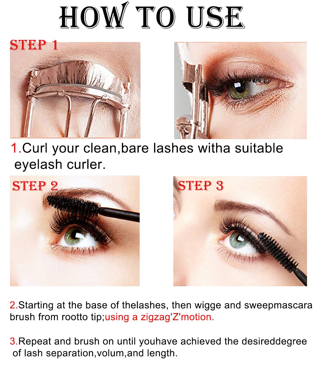 3 Different Silk Fiber Mascara,With Eyebrow Pencil,Eyebrow Brush Natural Waterproof Smudge-Proof,All Day Exquisitely Long, Smudge-Proof Eyelashes (Brown, Black)