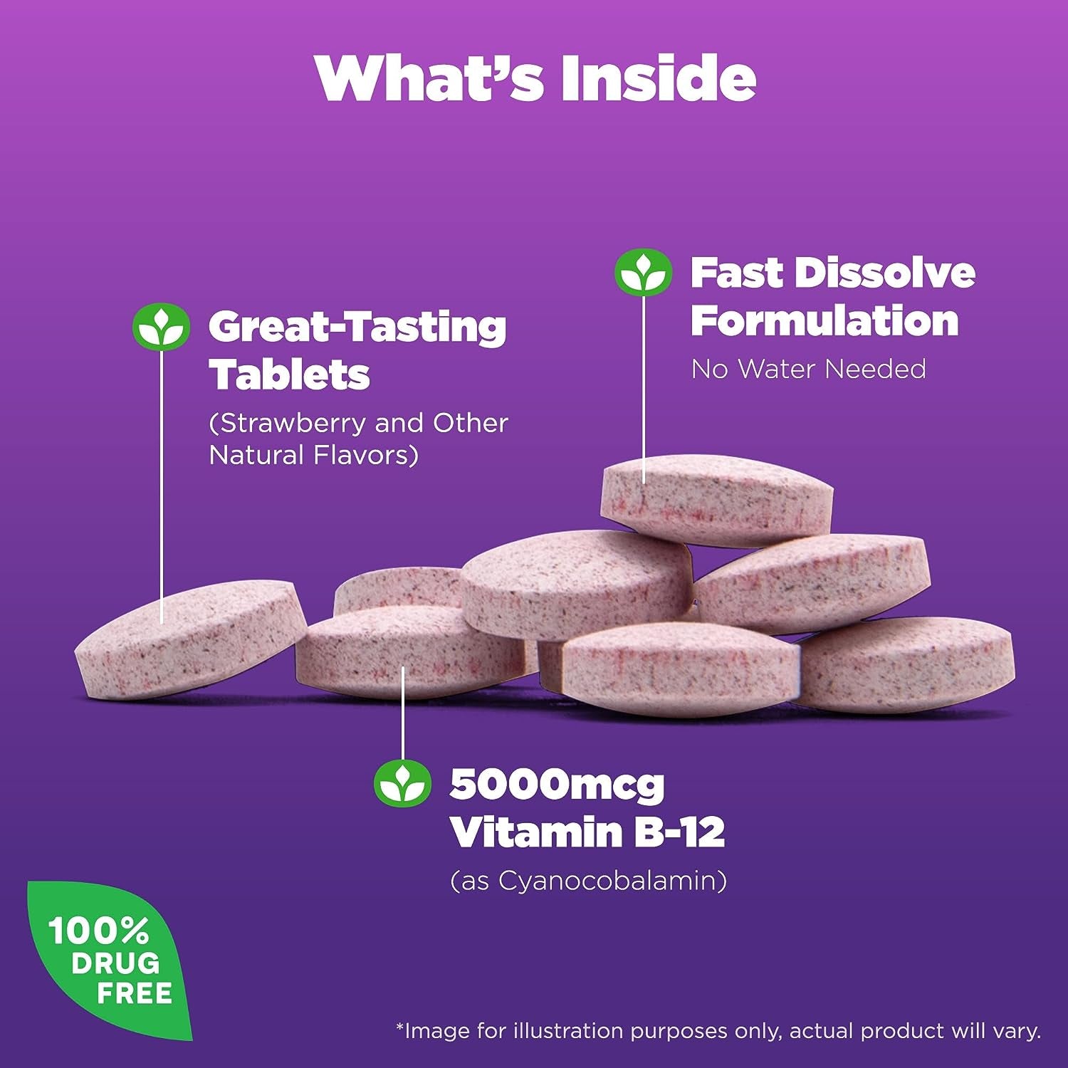 Natrol Vitamin B12 Fast Dissolve Tablets, Promotes Energy, Supports a Healthy Nervous System, Maximum Strength, Strawberry Flavor, 5,000Mcg, 100 Count