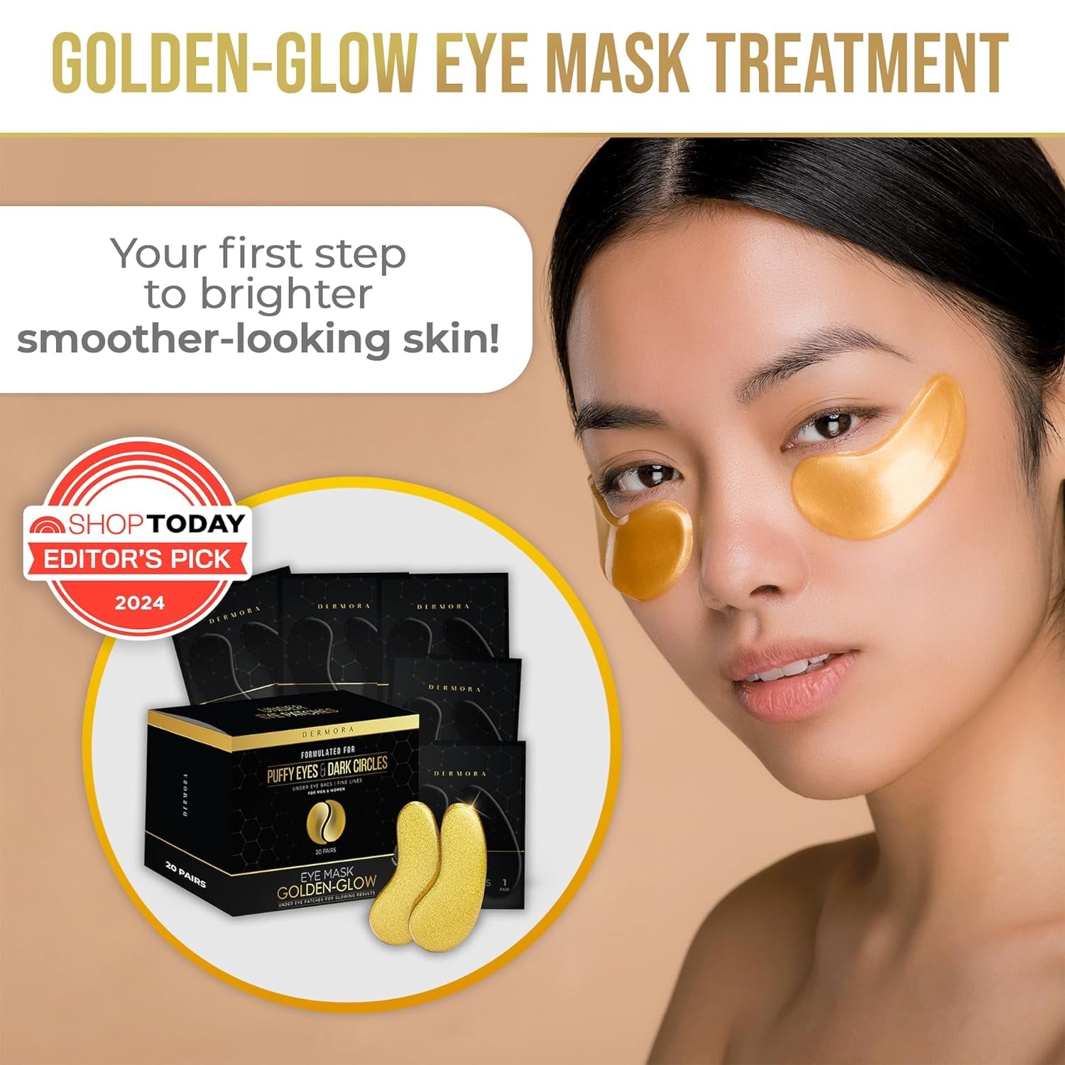 DERMORA Golden Glow under Eye Patches (20 Pairs Eye Gels) - Rejuvenating Treatment for Dark Circles, Puffy Eyes, Refreshing, Revitalizing, Travel, Wrinkles